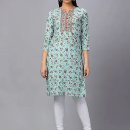 Globus Blue Cotton Floral Print Straight Kurta-image-54