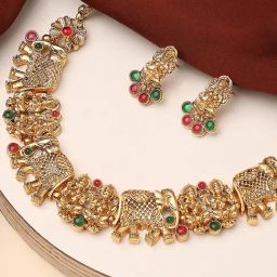 OOMPH Antique Gold Tone Red & Green Stones Elephant Choker Necklace Set for Women-image-98