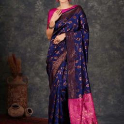 Satrani Navy Blue & Magenta Silk Woven Saree With Unstitched Blouse-image-41