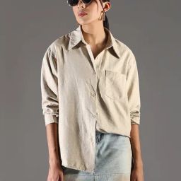 Showoff Beige Cotton Relaxed Fit Embellished Shirt-image-94