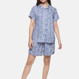 Don Vino Blue & White Cotton Floral Print Shirt With Shorts-image-46