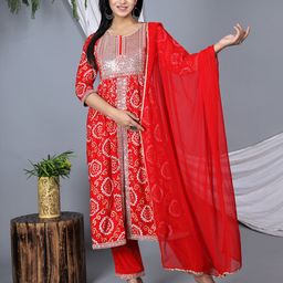 ELVISH JAIPUR Floral Embroidered Sequinned Anarkali Kurta with Palazzos & Dupatta-0