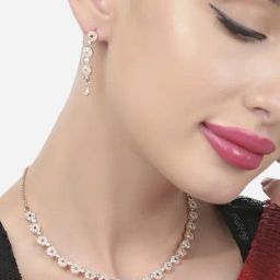 Zaveri Pearls Rose Gold Cubic Zirconia Contemporary Sleek Necklace & Earring Set-ZPFK15482-17