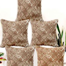 Blue Grass Beige & Gold-Toned Set of 5 Ethnic Motifs Velvet Square Cushion Covers-9