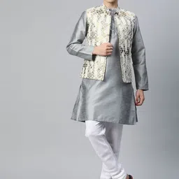 MANQ Men Woven Design Jaquard Silk Nehru Jacket image 4