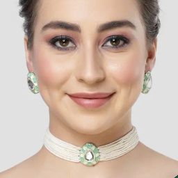 Karatcart Green Meena Drop Shape White Moti Choker Necklace Set for Women-image-8
