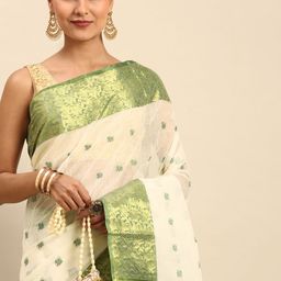 WoodenTant White Woven Design Pure Cotton Taant Saree-image-12