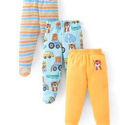 Babyhug Cotton Full Length Footie Pants Teddy Print Pack of 3 - Multicolour-image-7
