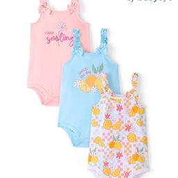 Babyoye Eco Conscious  Interlock 100% Cotton Knit with Eco Jiva Finish Sleeveless Onesies Fruit & Floral Print Pack of 3-  White Pink & Blue-image-33