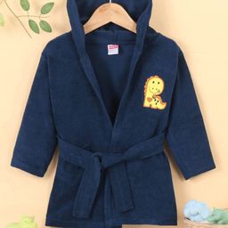 Babyhug Terry Knirt Full Sleeves Bath Robe With Hood Dino Embroidery - Navy Blue-image-45