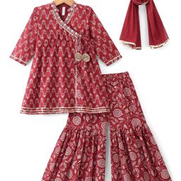 Babyhug 100% Cotton Woven Three Fourth Sleeves Kurti Palazzo & Dupatta Floral Print - Maroon-image-96