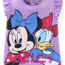 Babyhug Disney  Cotton Knit Frill Sleeves Top With Minnie Mouse & Daisy Duck Print - Purple-image-22