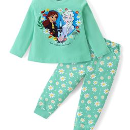 Babyhug Disney Cotton Knit Full Sleeves Night Suit With Floral Print & Disney Princess Graphics - Green-image-90