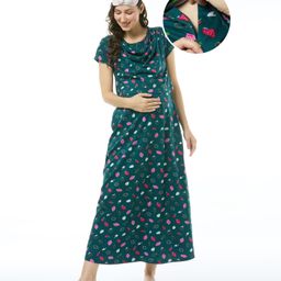 Bella Mama Cotton Knit Half Sleeves Nurisng Nighty with Concealed Zipper Cherry Print  & Pocket Detailing-   Pink - Teal Blue-image-73