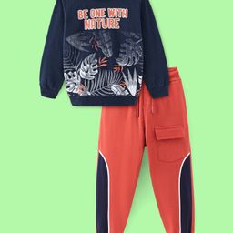 Ollington St. 100% Cotton Knit Full Sleeves Sweatshirt & Joggers with Tropical Theme & Text Print  Black & Red-image-101