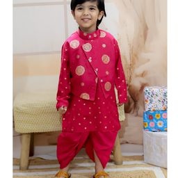 BownBee Full Sleeves Floral Foil Printed Kurta Dhoti With Jacket Set - Maroon-image-79