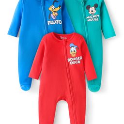 Babyhug Disney Interlock Knit Full Sleeves Footed Sleep Suits with Mickey Mouse Print Pack of 3 - Red Blue & Green-image-122
