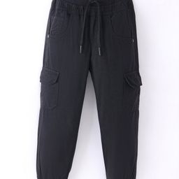 Olio Kids Cotton Woven Full Length Solid Lounge Pants With Pockets - Black-image-41