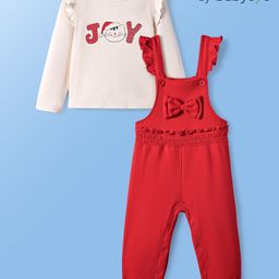 Babyoye 100% Cotton Knit Full Sleeves Text Printed Top & Dungaree Style Romper with Frill Detailing - Red & White-image-62
