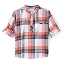 Babyhug Cotton Woven Full Sleeves Kurta Shirt with Checks - Coral & White-image-63