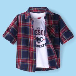 Babyhug Cotton Woven Full Sleeves Shirt With Checks & Printed Inner Tee - Navy & Wine-image-54