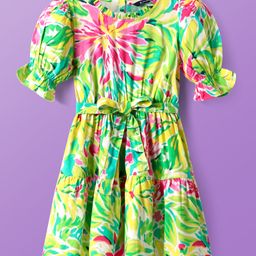 Pine Kids Rayon Woven Half Sleeves Dress With Floral Print - Light Green-image-4