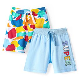 Babyhug Cotton Single Jersey Mid Thigh Shorts with Super Text Print Pack of 2 - Light Blue-image-63