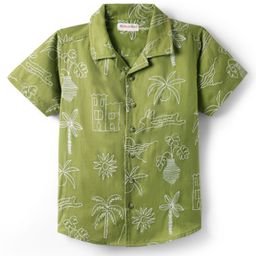 Kookie Kids Cotton Woven Half Sleeves Shirt With Tropical Theme Print - Olive Green-image-89