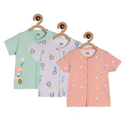 MINI KLUB Cotton Pack Of 3 Half Sleeves Balloons & Baby Animals Printed Jhablas - Green Purple & Pink-picture-27