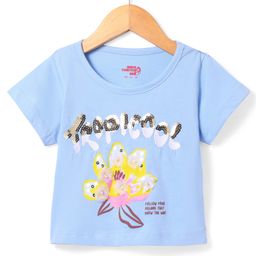 Under Fourteen Only Half Sleeves Typography Sequin Embellished Floral Applique Top - Blue-image-41