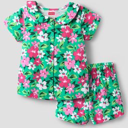 Babyhug Cotton Knit Half Sleeves Co-ords Peter Pan Collared Front Open Shorts Night Suit with Floral Print - Green-image-80