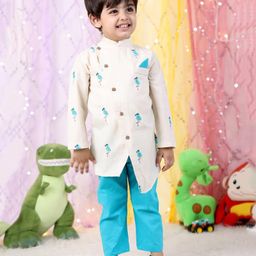 Polka Tots Cotton Full Sleeves Flamingos Embroidered Kurta Pyjama Set - White-image-65