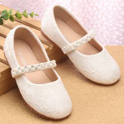 Babyoye Velcro Closure Ballerina with Pearls & Lace Detailing - White-image-91