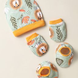 OHMS Single Jersey Knit Caps Mittens & Booties Set With Tropical Theme Print Sea Green - Diameter 10 cm-image-13