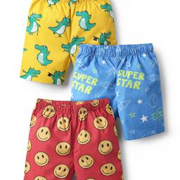 Babyhug Cotton Woven Above Knee Length Boxers With Crocodile Space Theme & Smile Print Pack Of 3 - Yellow Blue & Red-image-47