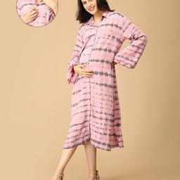 The Mom Store Cotton Full Sleeves Tie & Dye Maternity Oversized Shirt Style Dress With Nursing Access - Pink-image-75