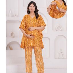 CeleBravo Cotton Woven Half Batwing Sleeves Floral Printed Maternity Ethnic Kaftan Style Kurta With Nursing Access & Pant Set - Mustard-image-65