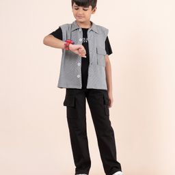 Taatoom Ponte Knit Half Sleeves Typography Printed Tee With Jacket & Pant Set - Black-image-59
