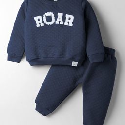 Simply Knit Full Sleeves Quilted Winter Wear Sweatshirt & Lounge Pant Set with Text Patch Detailing - Navy Blue-picture-5