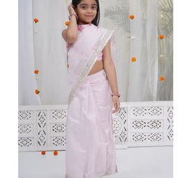 Little Bansi Muslin Woven Gota Lace Embellished Wrap Around Saree With Sleeveless Flamingo Printed Blouse - Baby Pink-image-105