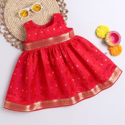 Many frocks & Blended Woven Sleeveless Ethnic Foil Printed & Gota Lace Embellished Dress - Pink-image-89