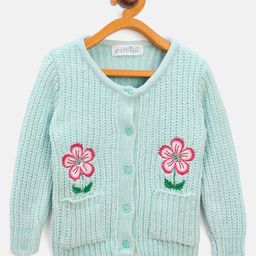 JWAAQ Cotton Knit Full Sleeves Floral Embroidered Cardigan - Green-picture-1