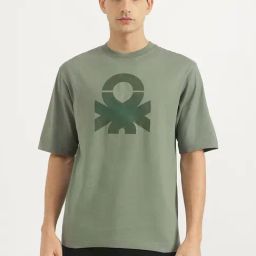 United Colors Of Benetton Green Pure Cotton Loose Fit Logo Printed T-Shirt-image-26