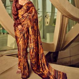 Elora Brown & Orange Printed Saree With Unstitched Blouse-image-23