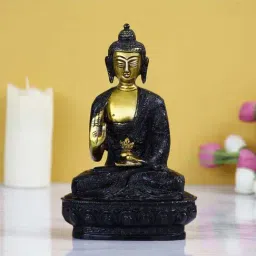 eCraftIndia Golden and Black Premium Meditating Blessing Buddha Brass Antique Artifact-39