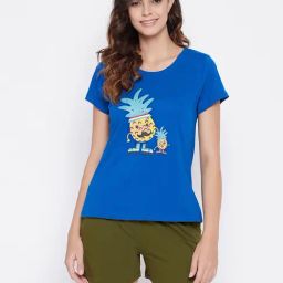 Clovia Blue & Olive Printed T-Shirt With Shorts-image-60