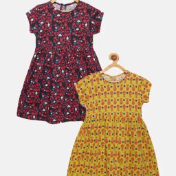 Kiddopanti Kids Black & Mustard Printed Dress (Pack Of 2)-image-126