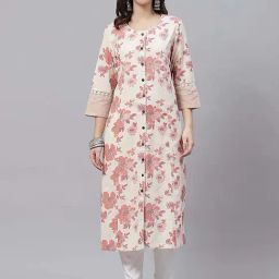 Divena Cream Cotton Floral Straight Kurta-image-4
