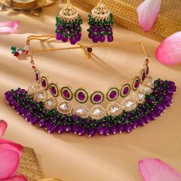 Zaveri Pearls Purple Green Stones Cluster Beads Diamonds Choker Necklace & Earring Set-ZPFK18220-4