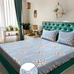 Klotthe Grey Cotton Blend Printed 300 TC King Fitted Bedsheet with 2 Pillow Covers-picture-3